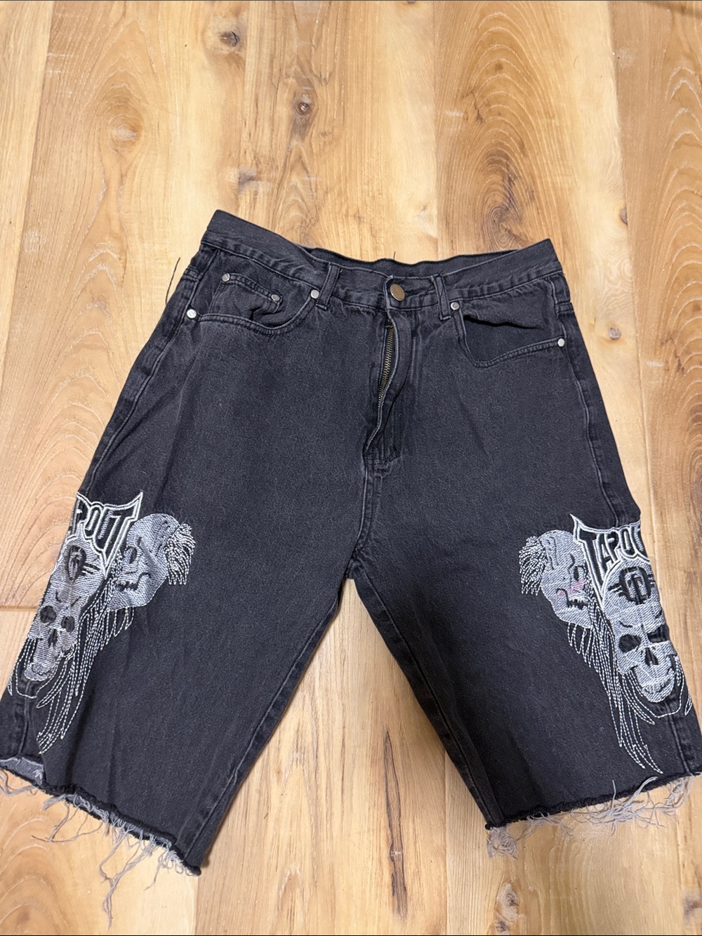 Black Men’s Graphic Denim Shorts by game time check photos for size